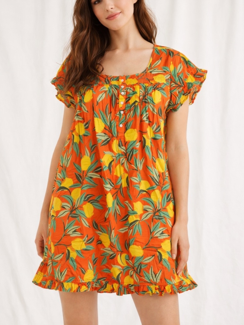 Print Fresh Lemon Print Orange Ruffle Hem Sleep Dress organic 36436